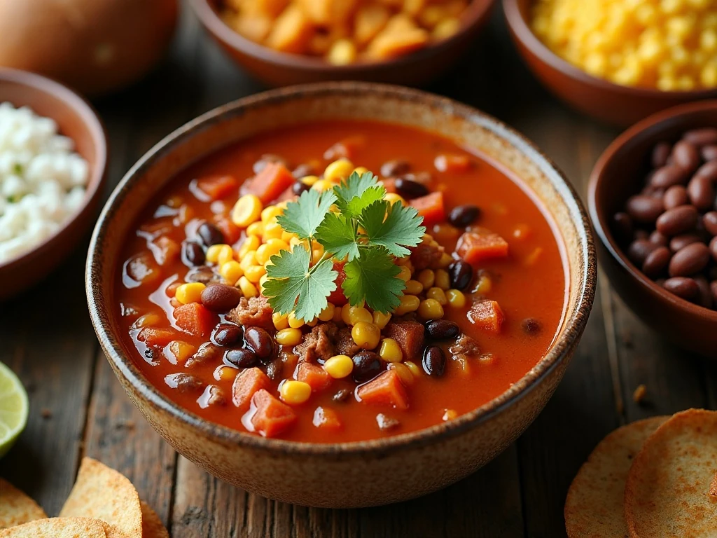 Hearty stovetop taco soup surrounded by colorful toppings