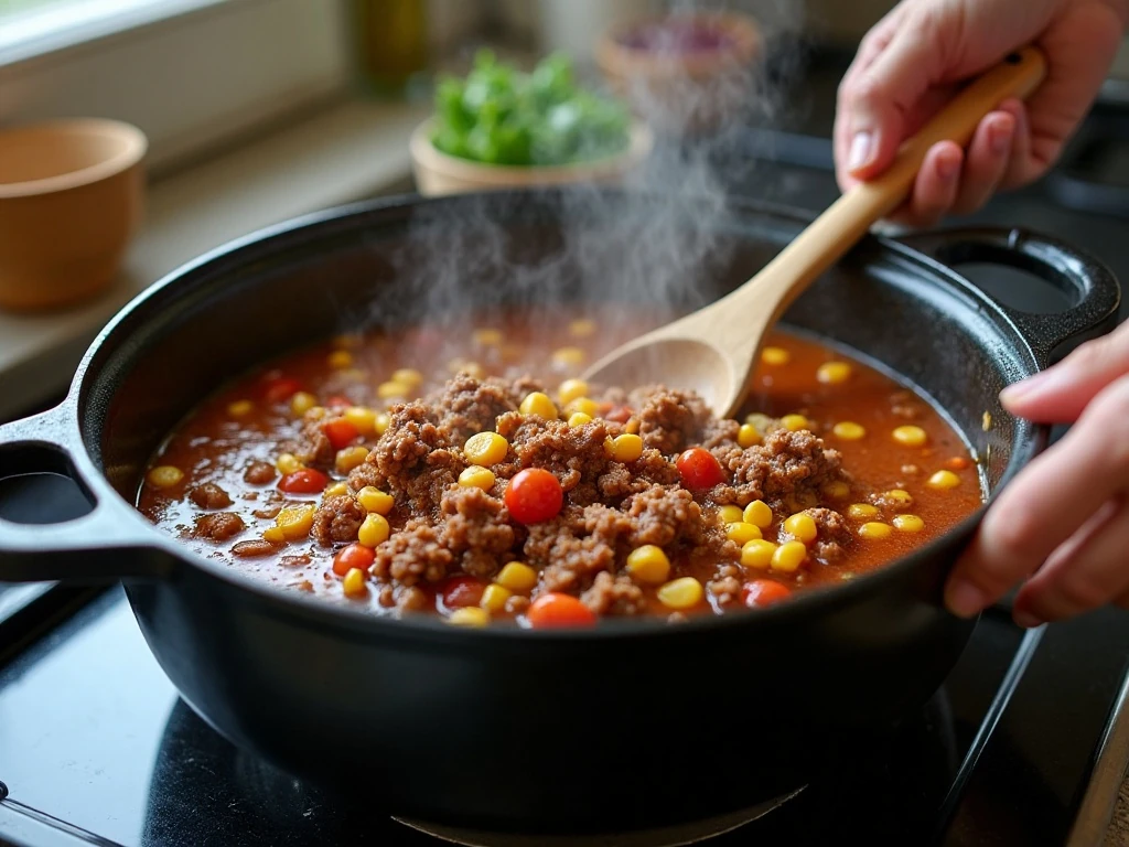 Taco soup simmering in a Dutch oven on the stovetop