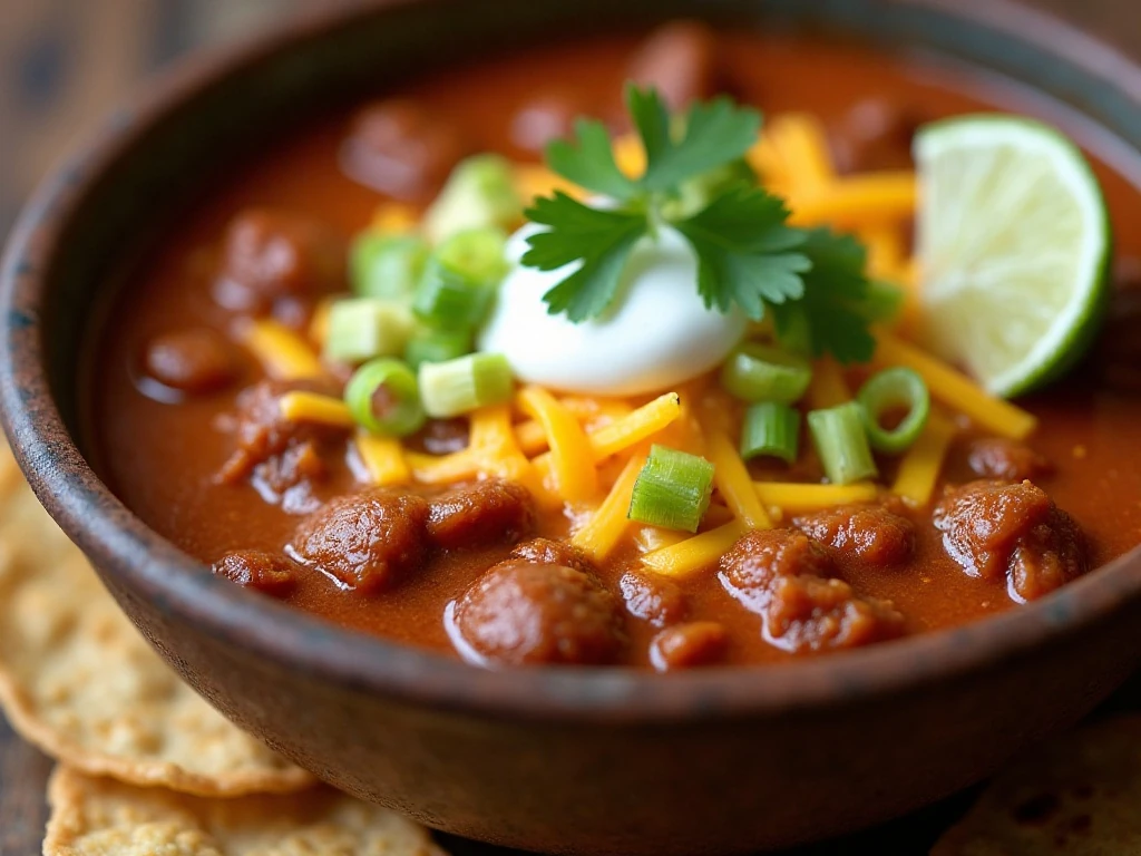 Close-up of taco soup with cheese avocado herbs tortilla strips and lime
