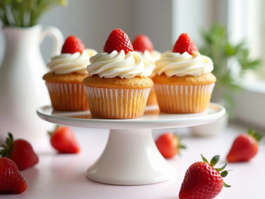 Strawberry and cream cupcakes arranged on a cake stand
