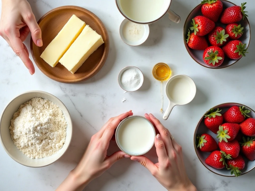 Ingredients for strawberry and cream cupcakes