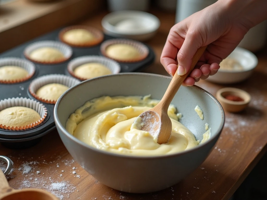 Mixing the cupcake batter before baking