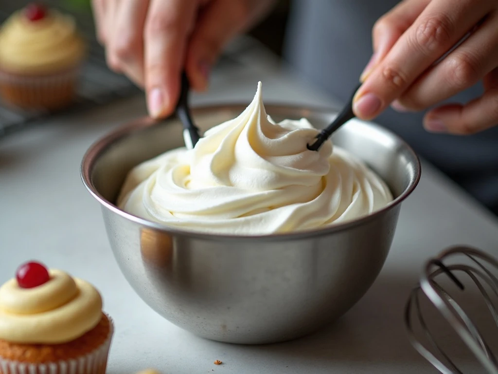Whipped cream beaten to medium peaks for cupcake topping