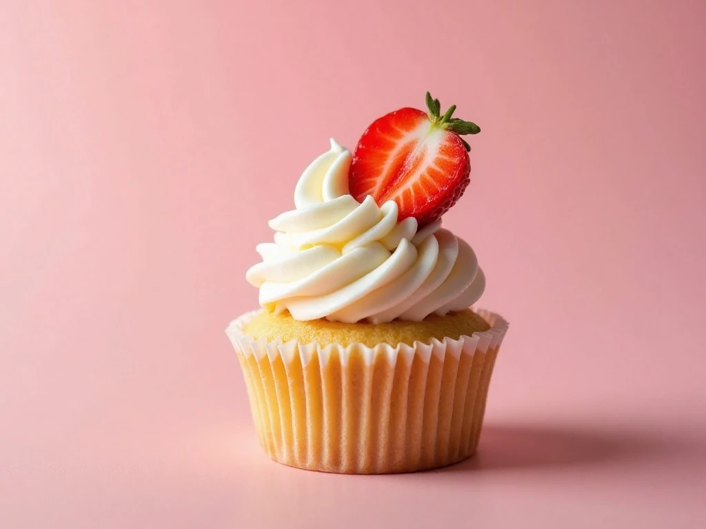 Close-up strawberry garnish on a cream-topped cupcake