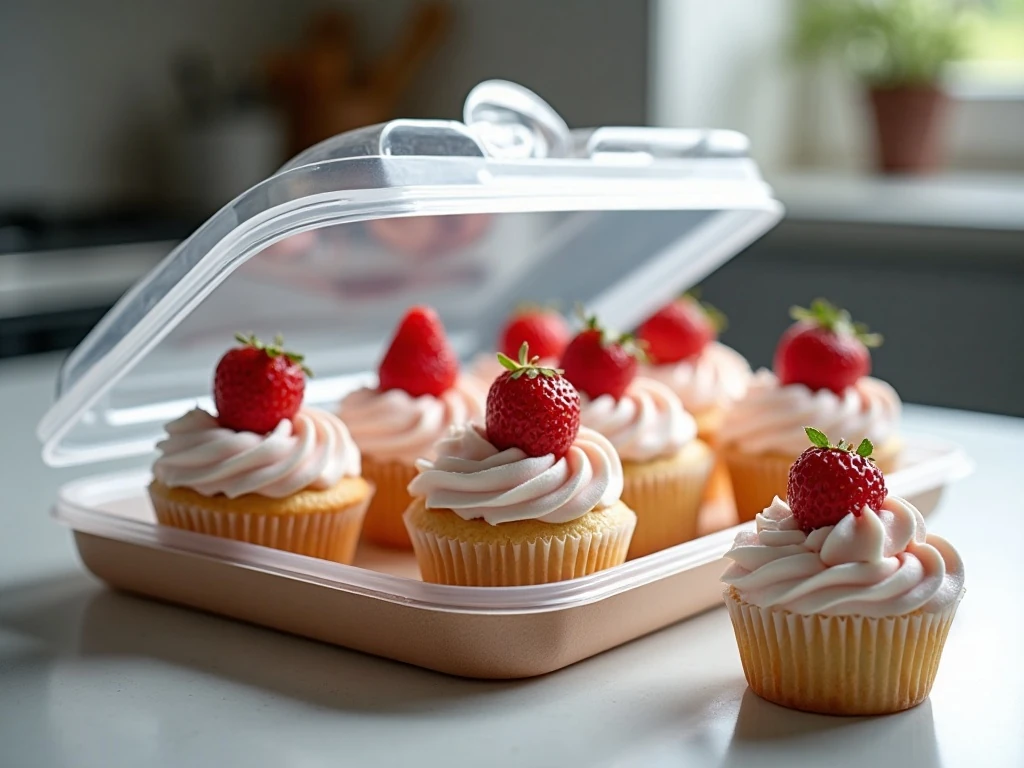 Strawberry and cream cupcakes ready for refrigerated storage