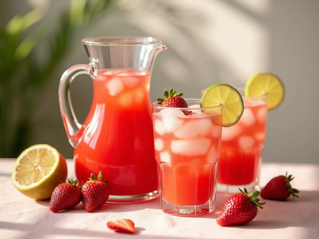 Pitcher and glasses of refreshing strawberry agua fresca with strawberries and lime