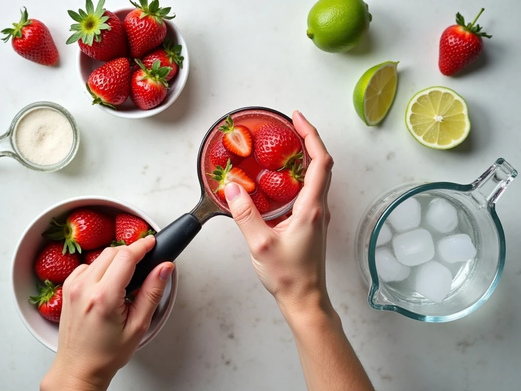 Ingredients for strawberry agua fresca arranged for preparation