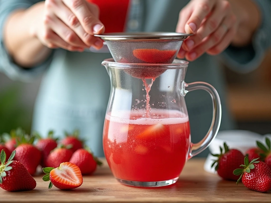 Straining blended strawberries into a pitcher for agua fresca