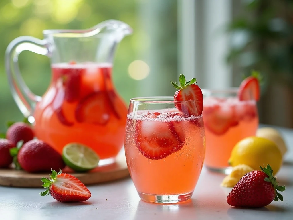 Strawberry agua fresca served at a summer table with garnishes