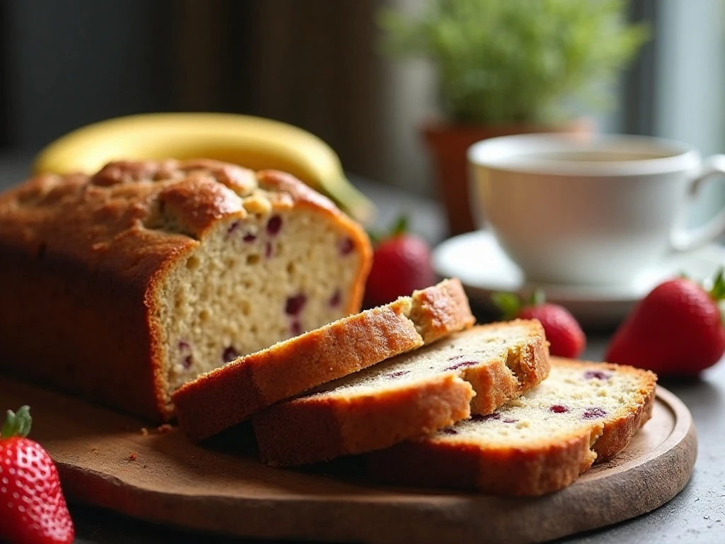Sliced strawberry banana bread served for breakfast