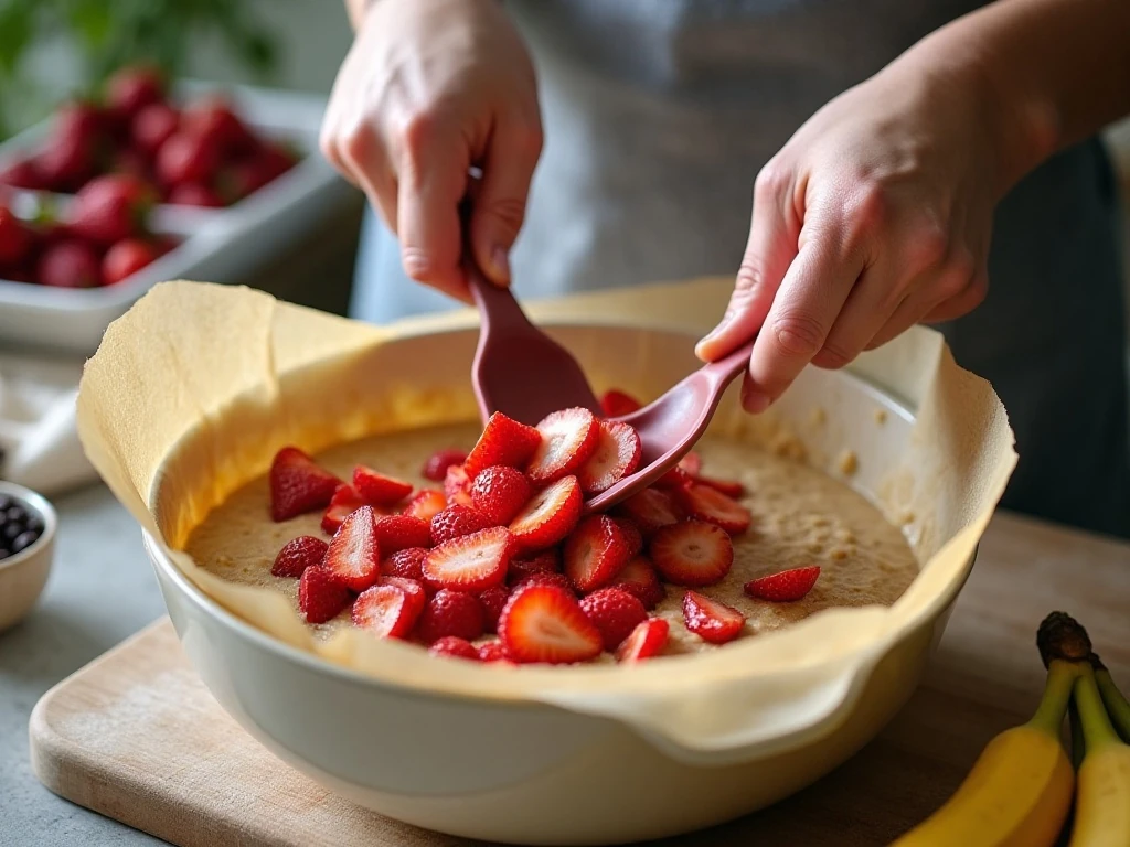Folding fresh strawberries into banana bread batter