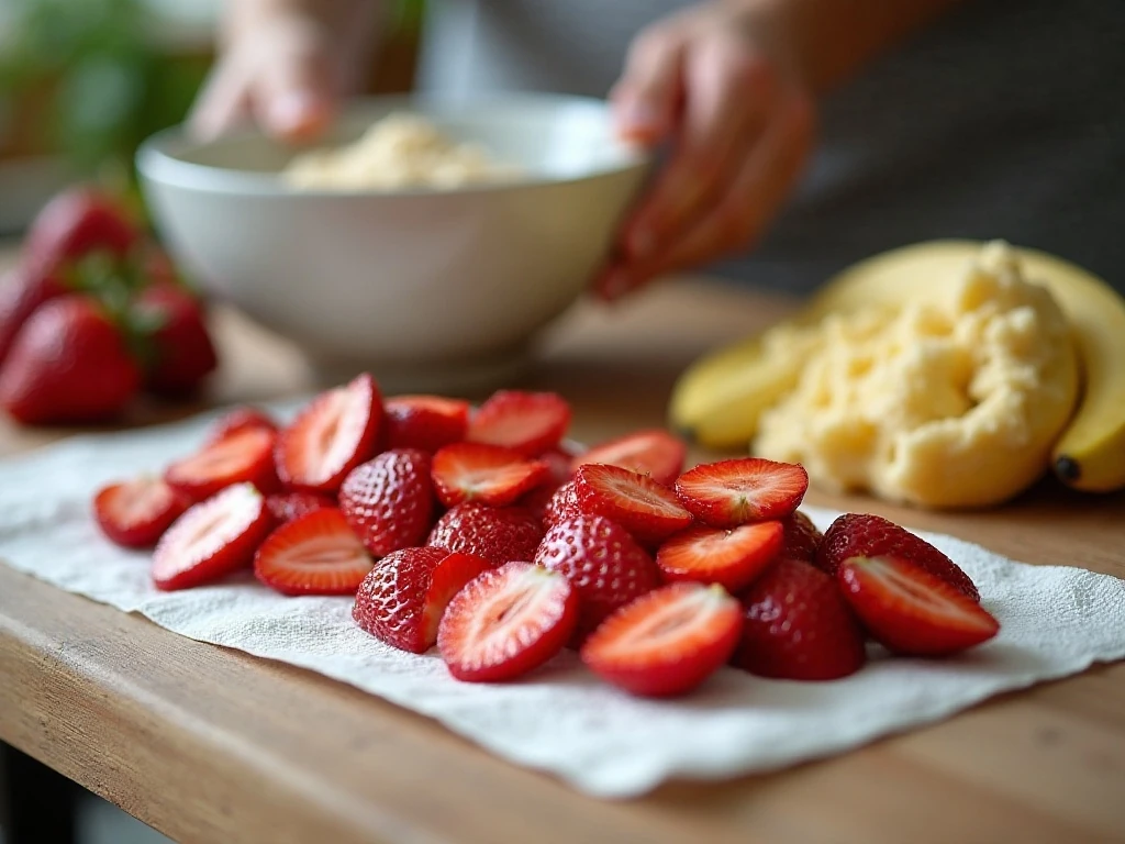 Preparing dry strawberries and ripe bananas for bread