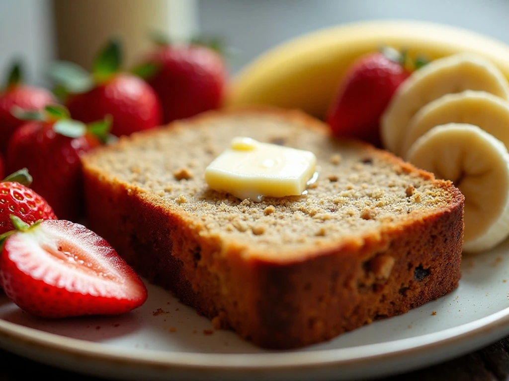 Strawberry banana bread slice with fresh fruit and butter