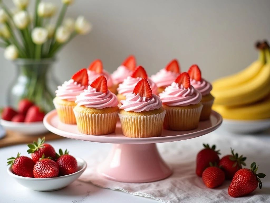 Strawberry banana cupcakes arranged on a cake stand