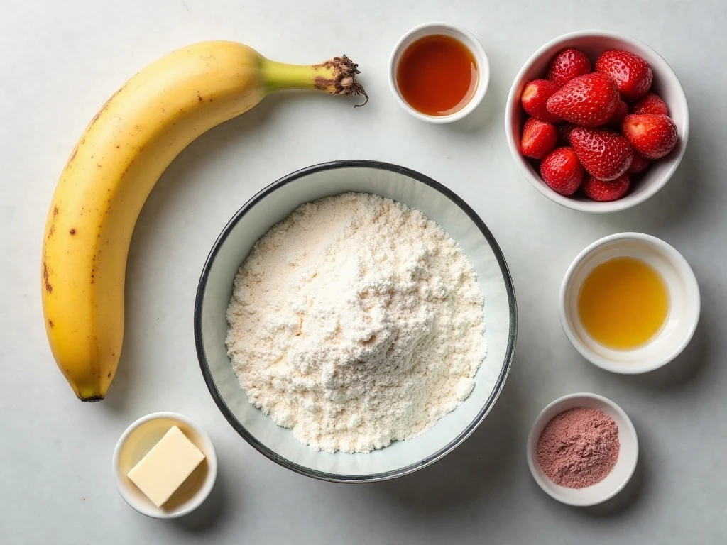 Ingredients for strawberry banana cupcakes and strawberry buttercream
