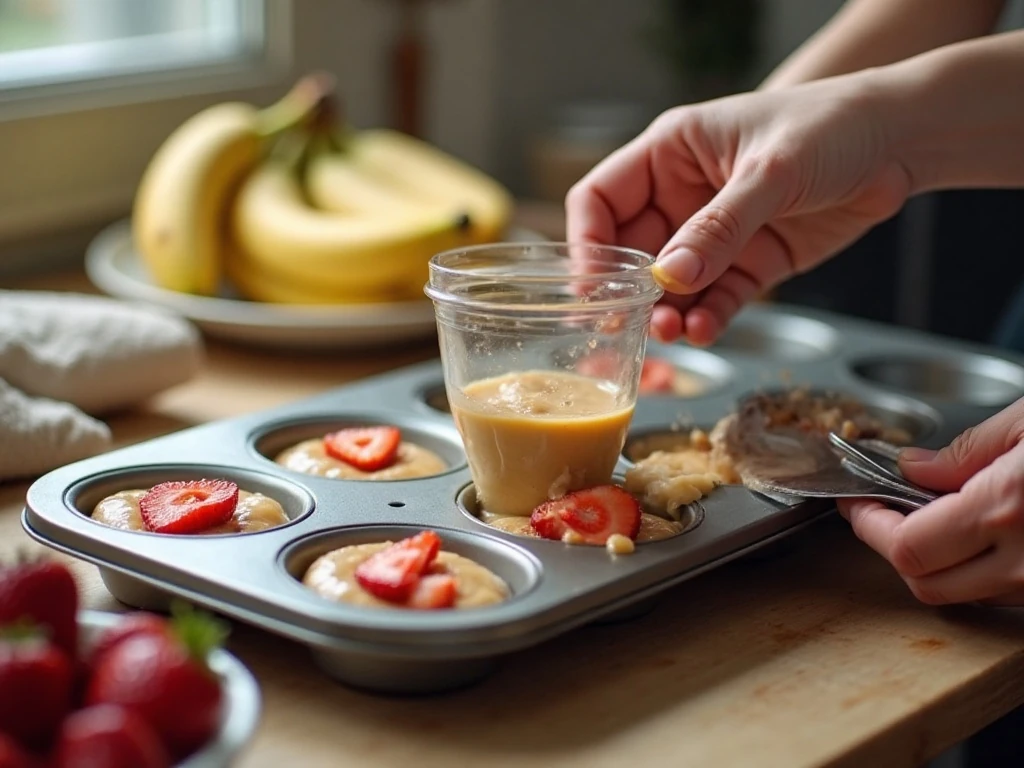 Folding diced strawberries into strawberry banana cupcake batter