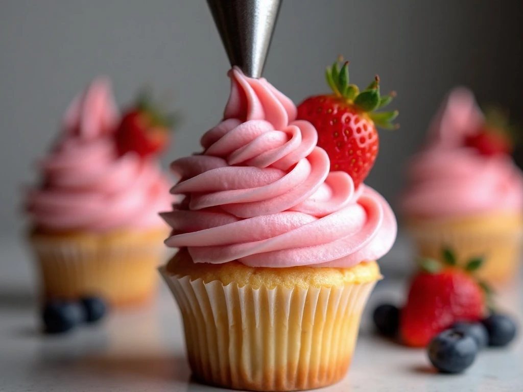 Strawberry buttercream piped onto a banana cupcake