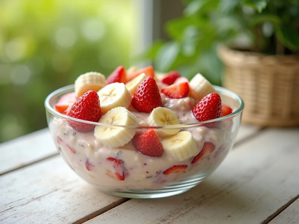 Creamy strawberry banana salad in a clear serving bowl