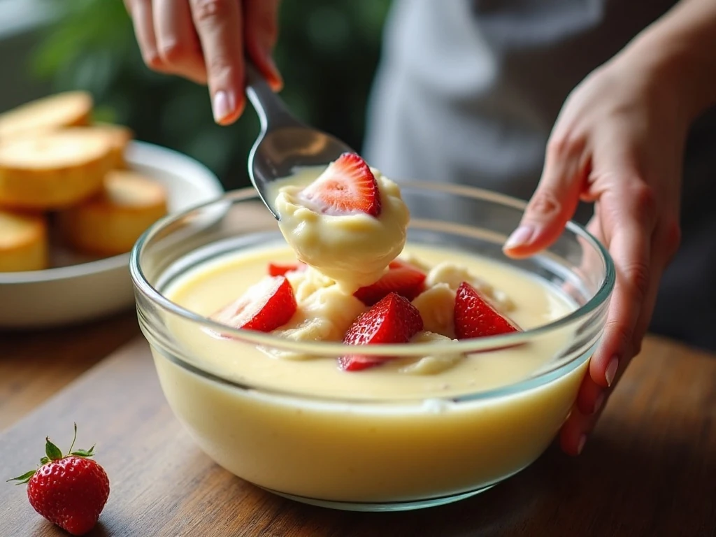 Folding strawberries and bananas into creamy pudding dressing