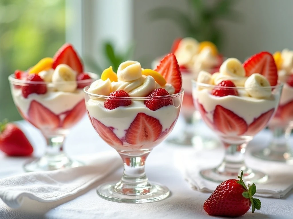 Individual cups of strawberry banana salad for serving