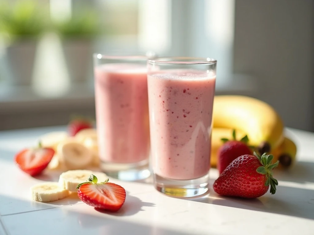 Two glasses of homemade strawberry banana smoothie