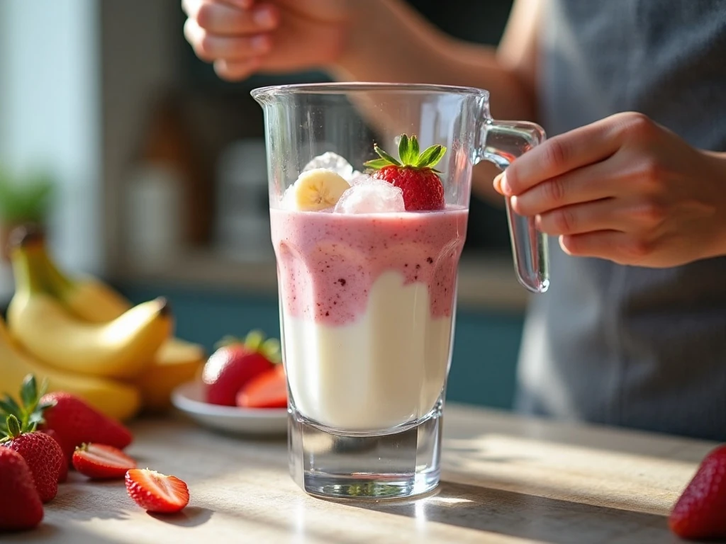 Blending strawberries and bananas with yogurt and milk