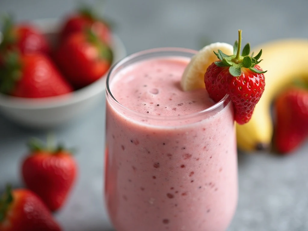 Close-up of a creamy strawberry banana smoothie with fruit garnish