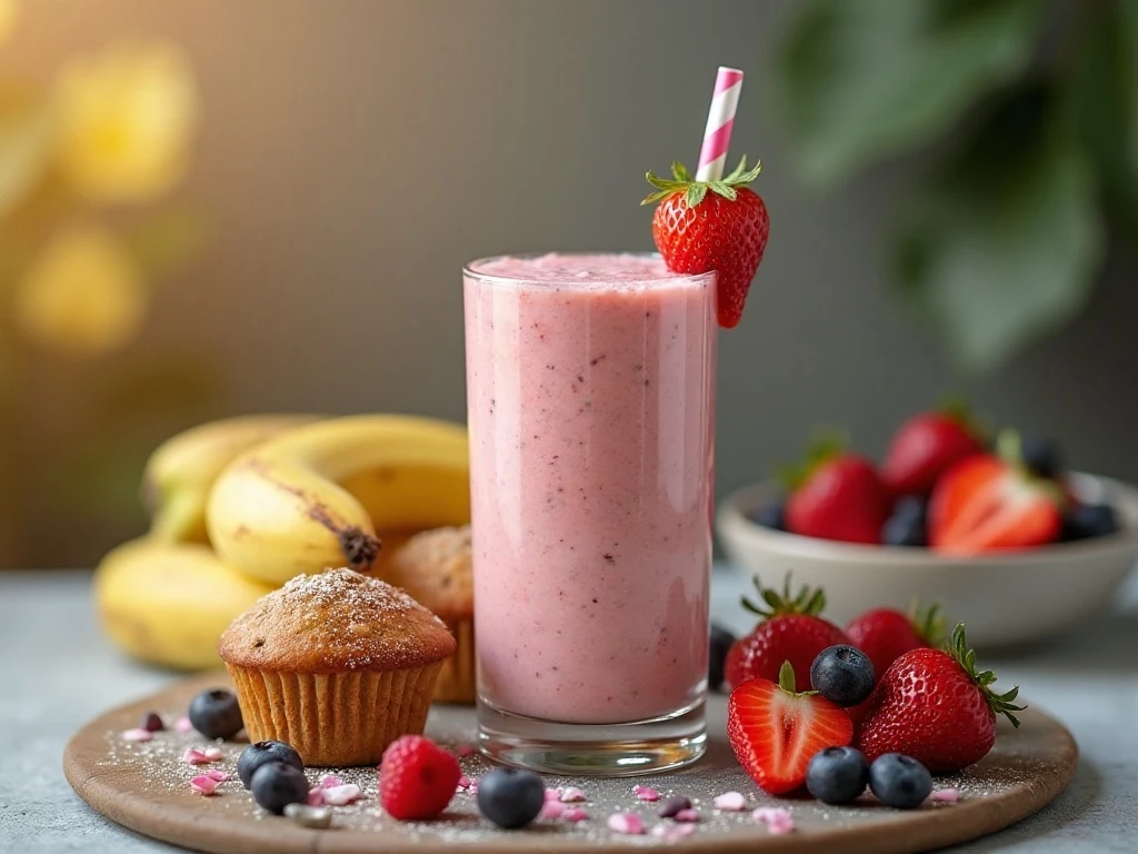 Strawberry banana smoothie served with a breakfast treat