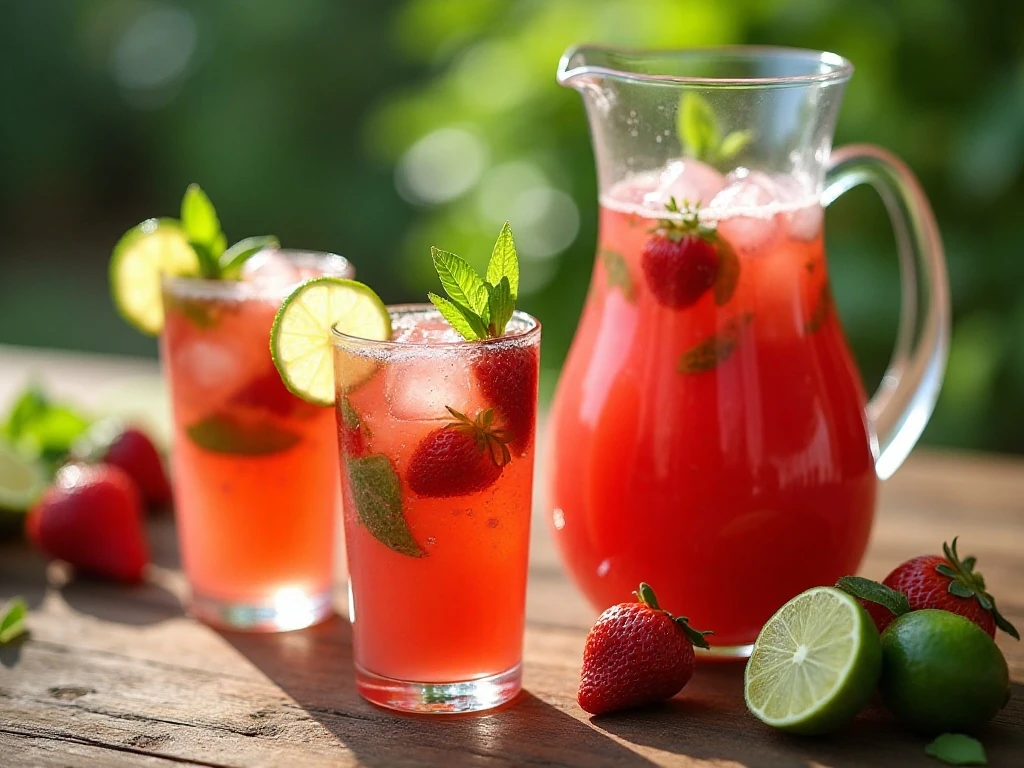 Pitcher and glasses of refreshing strawberry basil limeade with fresh fruit and basil