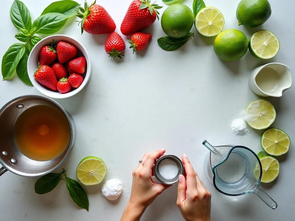 Fresh strawberries, basil, limes, sugar, and tools for homemade limeade