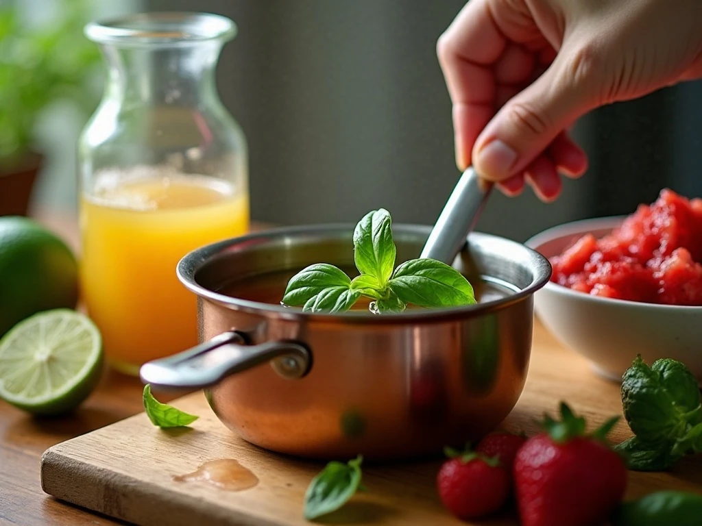 Basil steeping in simple syrup while strawberry puree and lime juice are prepared