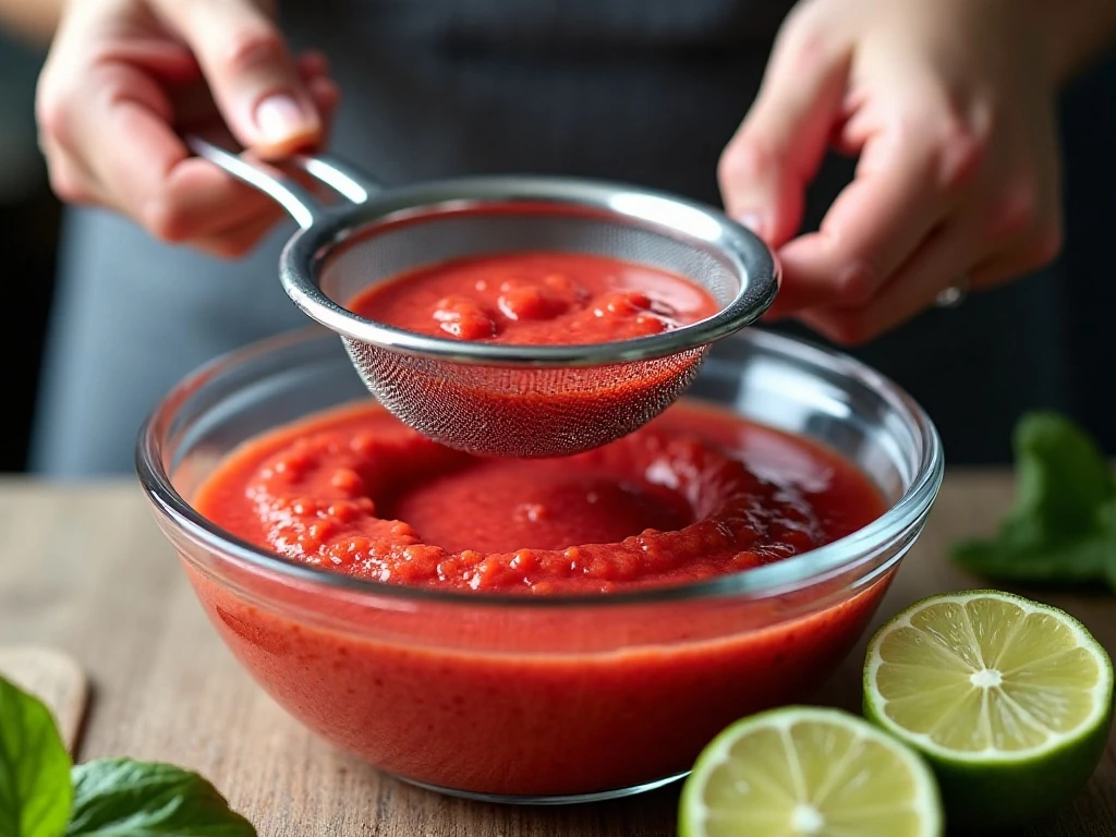 Strawberry puree being strained for smooth homemade strawberry limeade