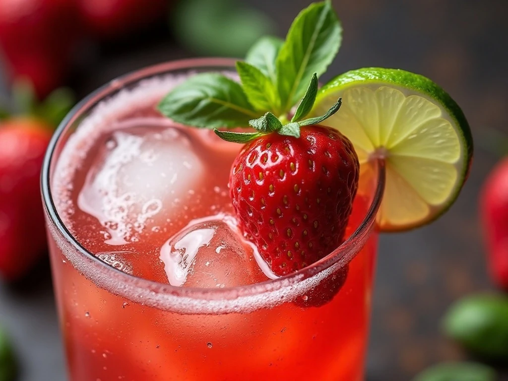 Close-up of strawberry basil limeade garnished with lime, strawberry, and basil