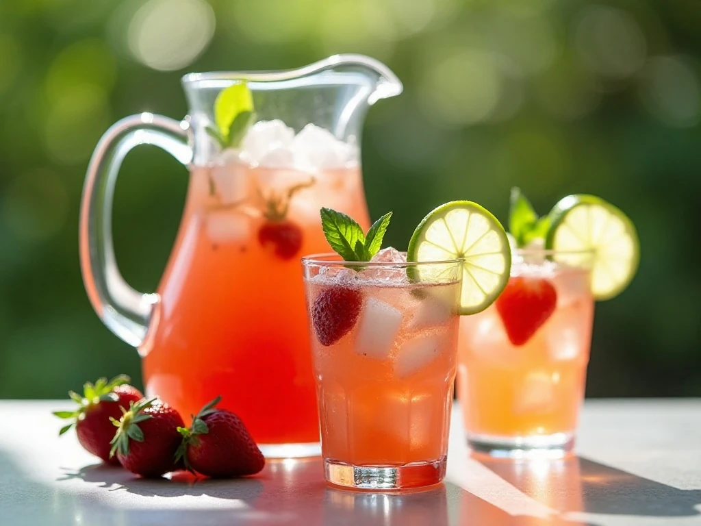 Homemade strawberry basil limeade served cold with colorful garnishes