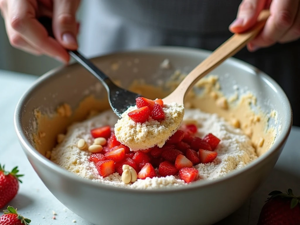Folding strawberries into quick bread batter