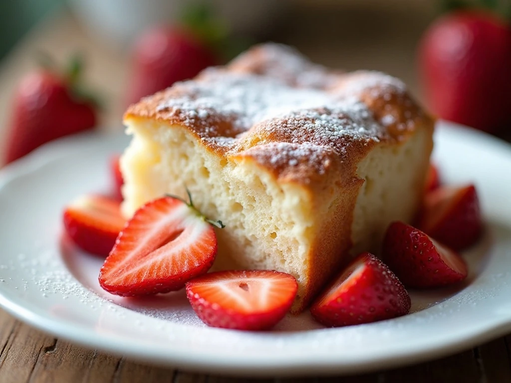 Strawberry bread slice with powdered sugar and fresh berries