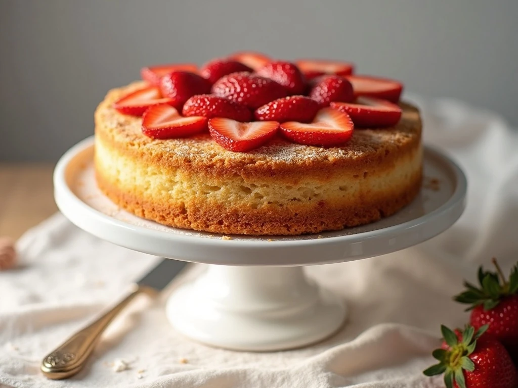 Whole golden strawberry buttermilk cake topped with baked strawberries