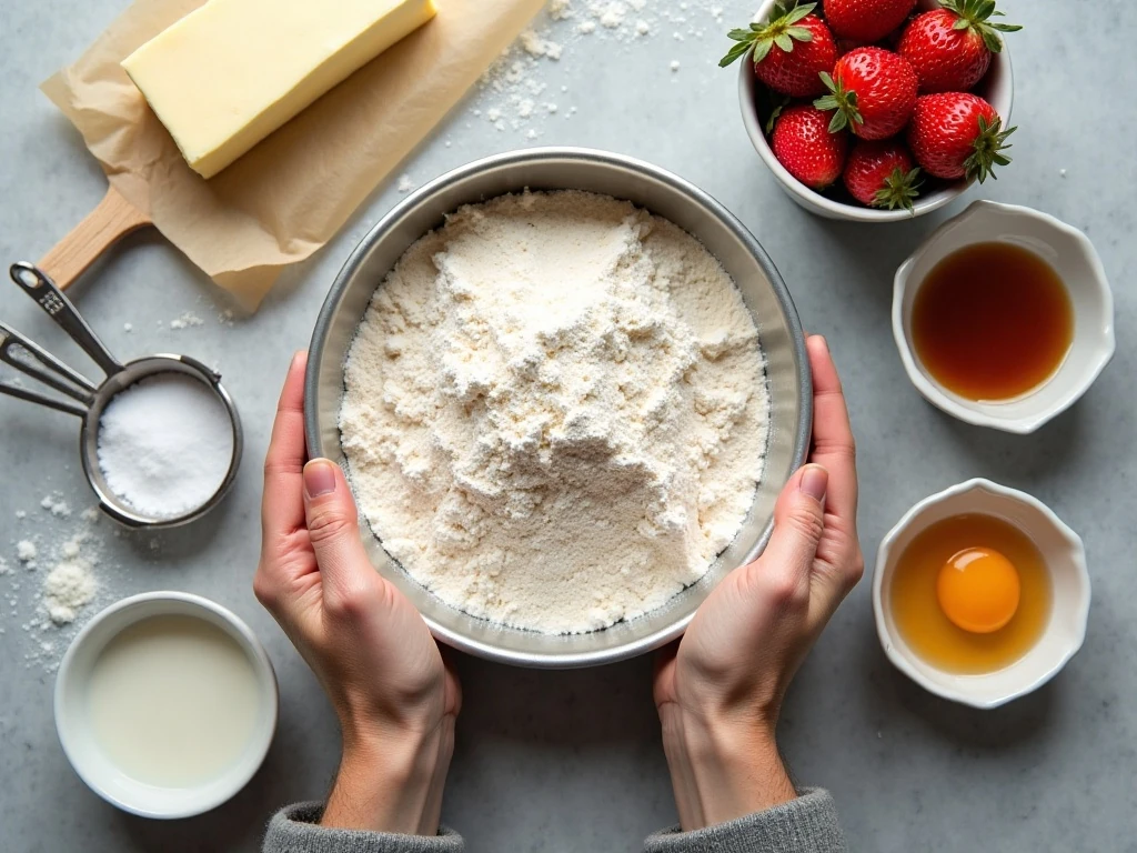 Ingredients for easy strawberry buttermilk cake arranged beside a baking pan