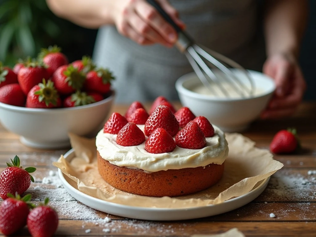Fresh strawberries and prepared cake ingredients ready for baking