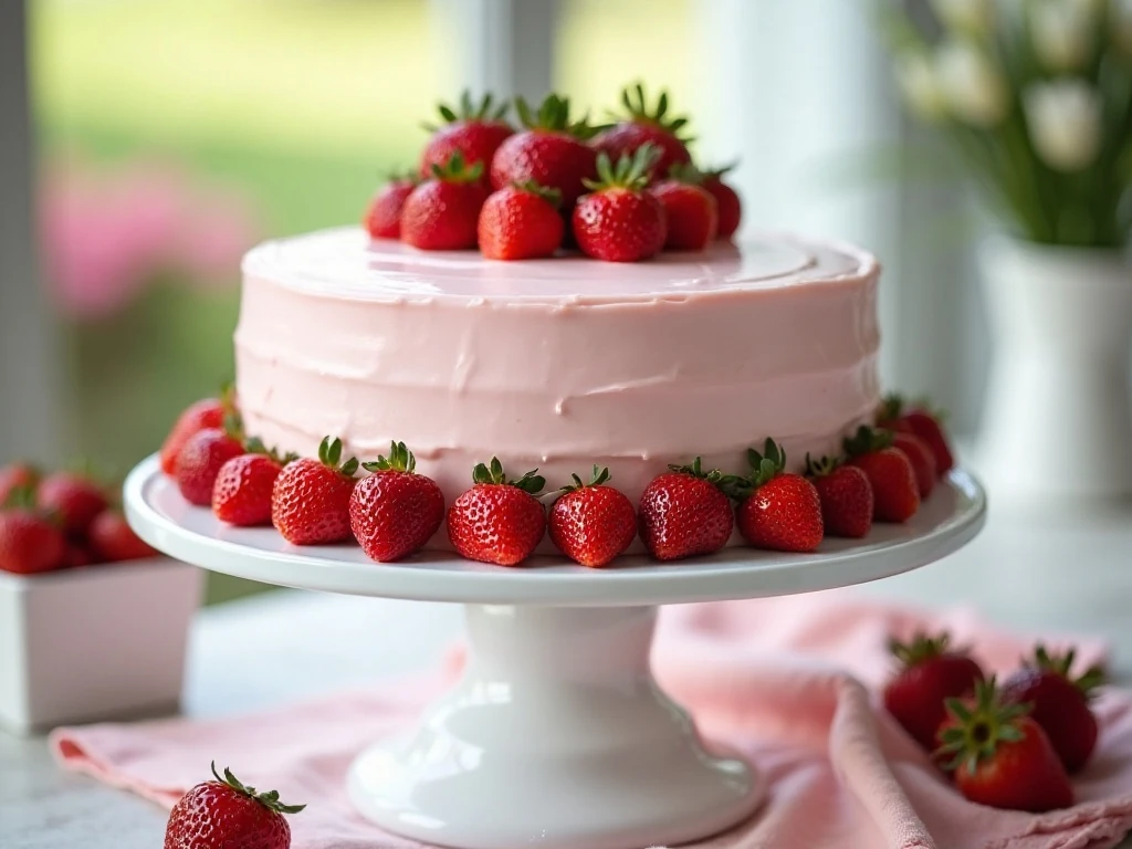 Homemade strawberry cake with pink strawberry frosting