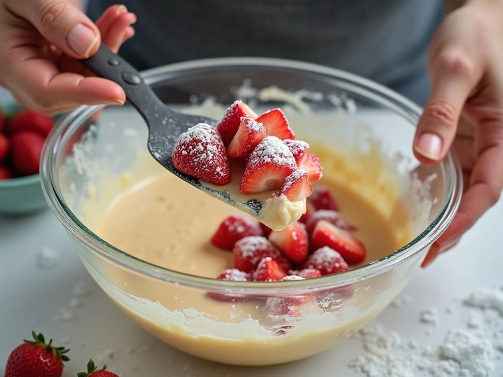 Folding fresh strawberries into cake batter