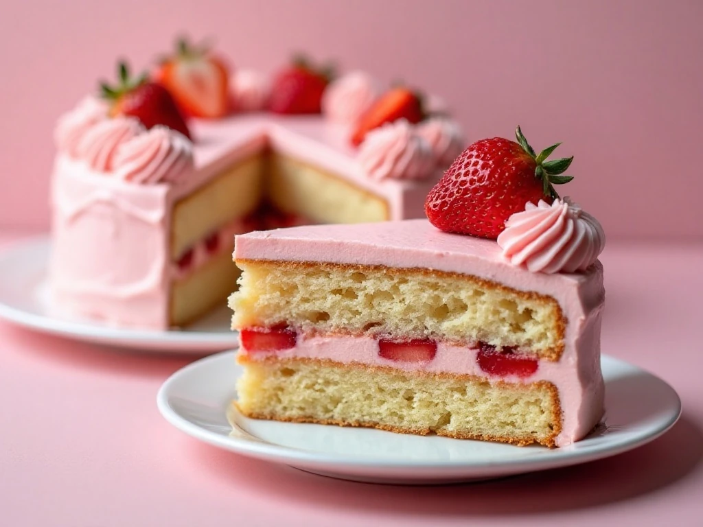 Slice of strawberry cake showing fresh berry pieces