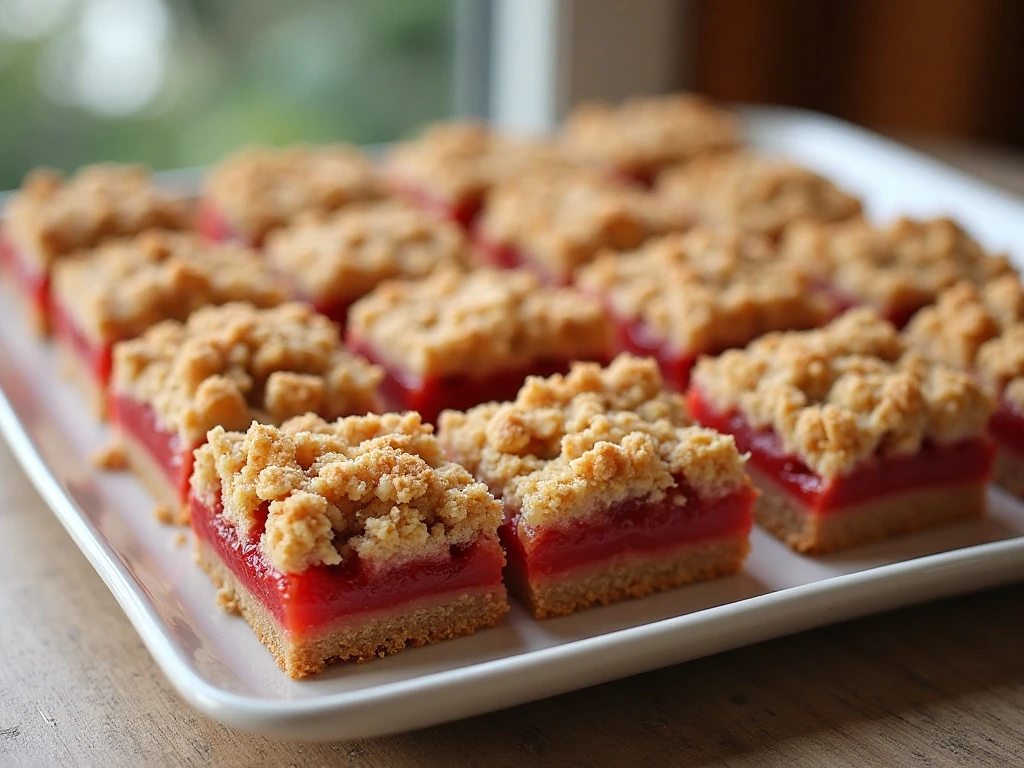 Strawberry caramel crumble bars arranged on a serving platter