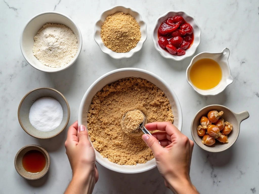 Ingredients for strawberry caramel crumble bars