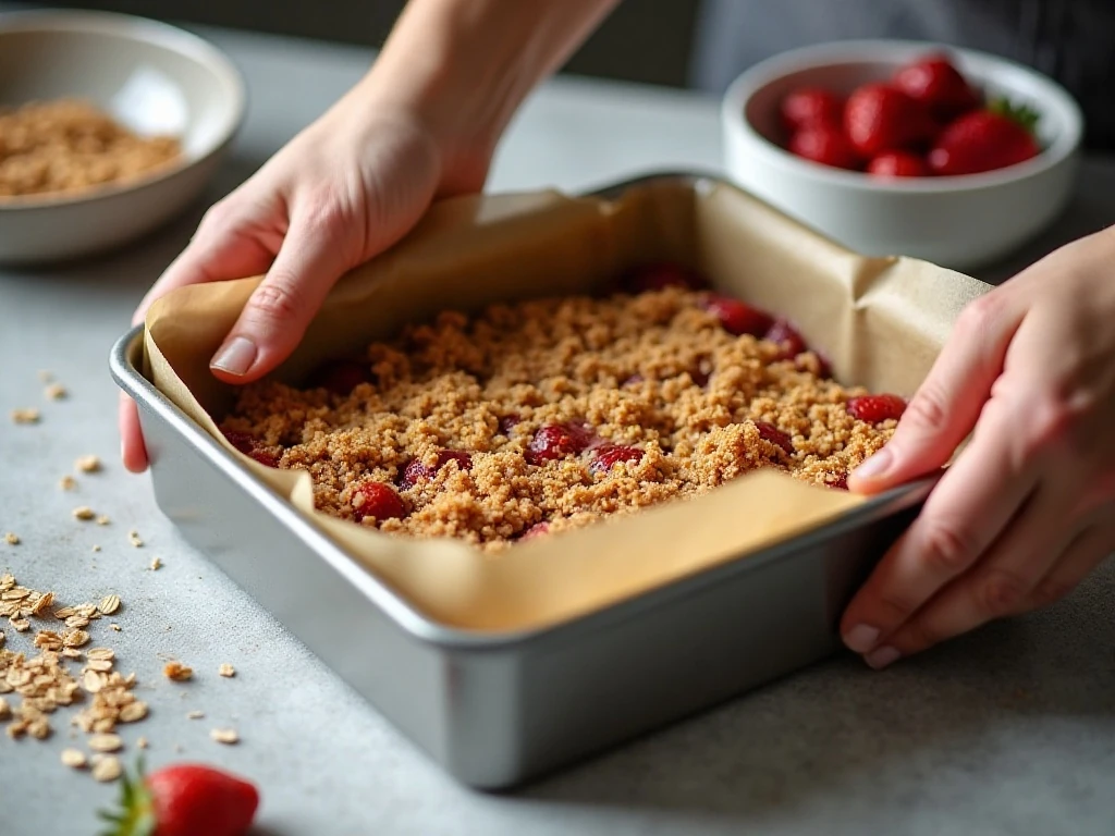 Pressing oat crumble into a parchment-lined baking pan