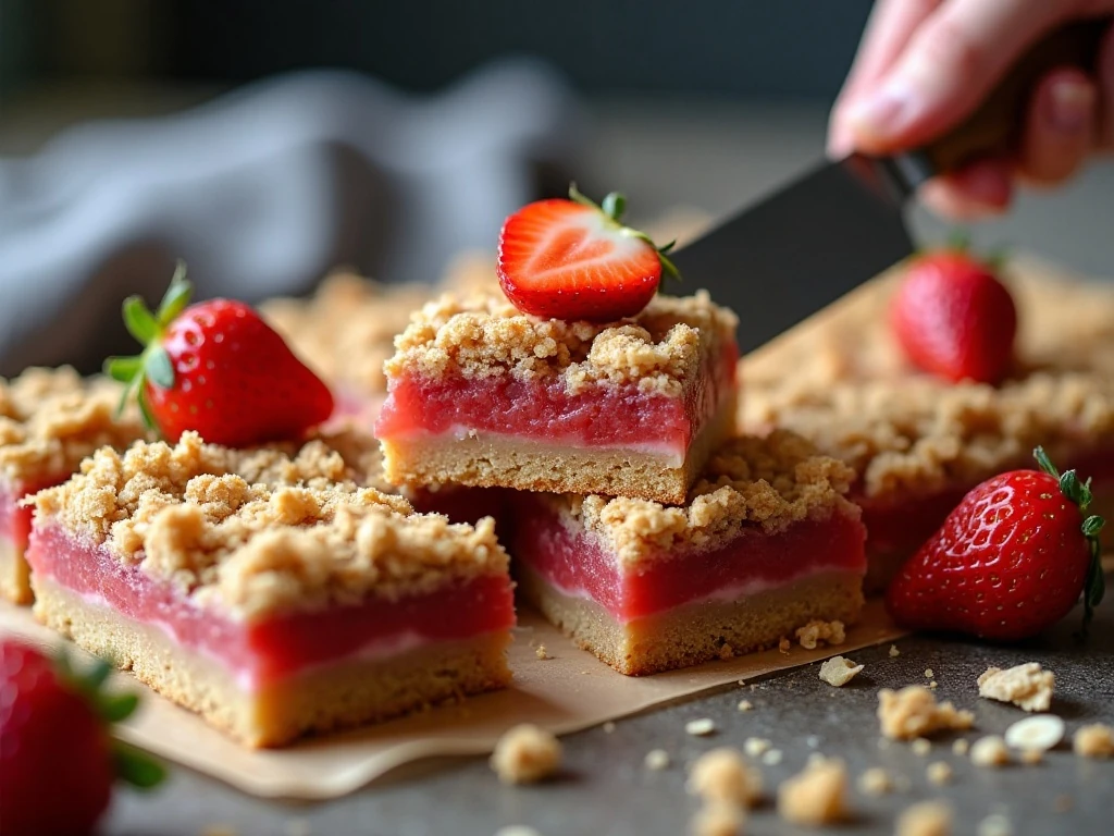 Cleanly cut strawberry caramel crumble bars showing layered filling