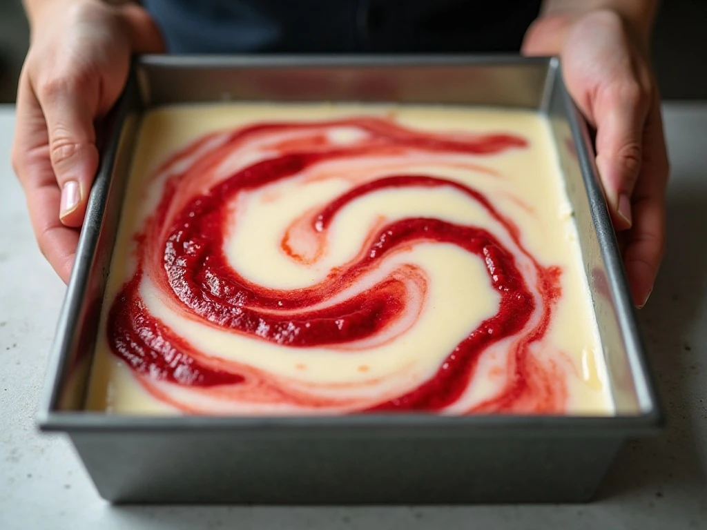 Strawberry purée swirled into cheesecake filling