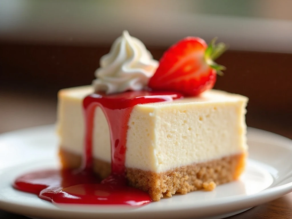 Close-up strawberry cheesecake bar with fresh garnish
