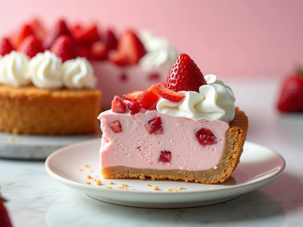 Slice of no-bake strawberry cheesecake ice cream pie with whipped cream