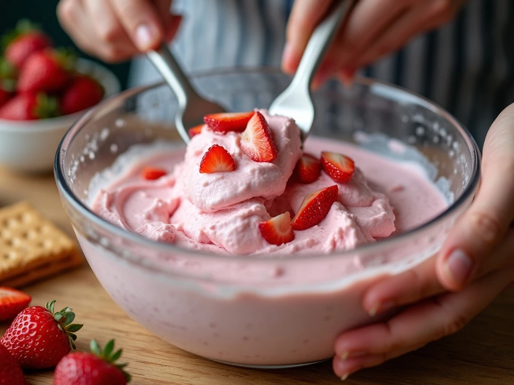 Folding fresh strawberries into the ice cream pie filling